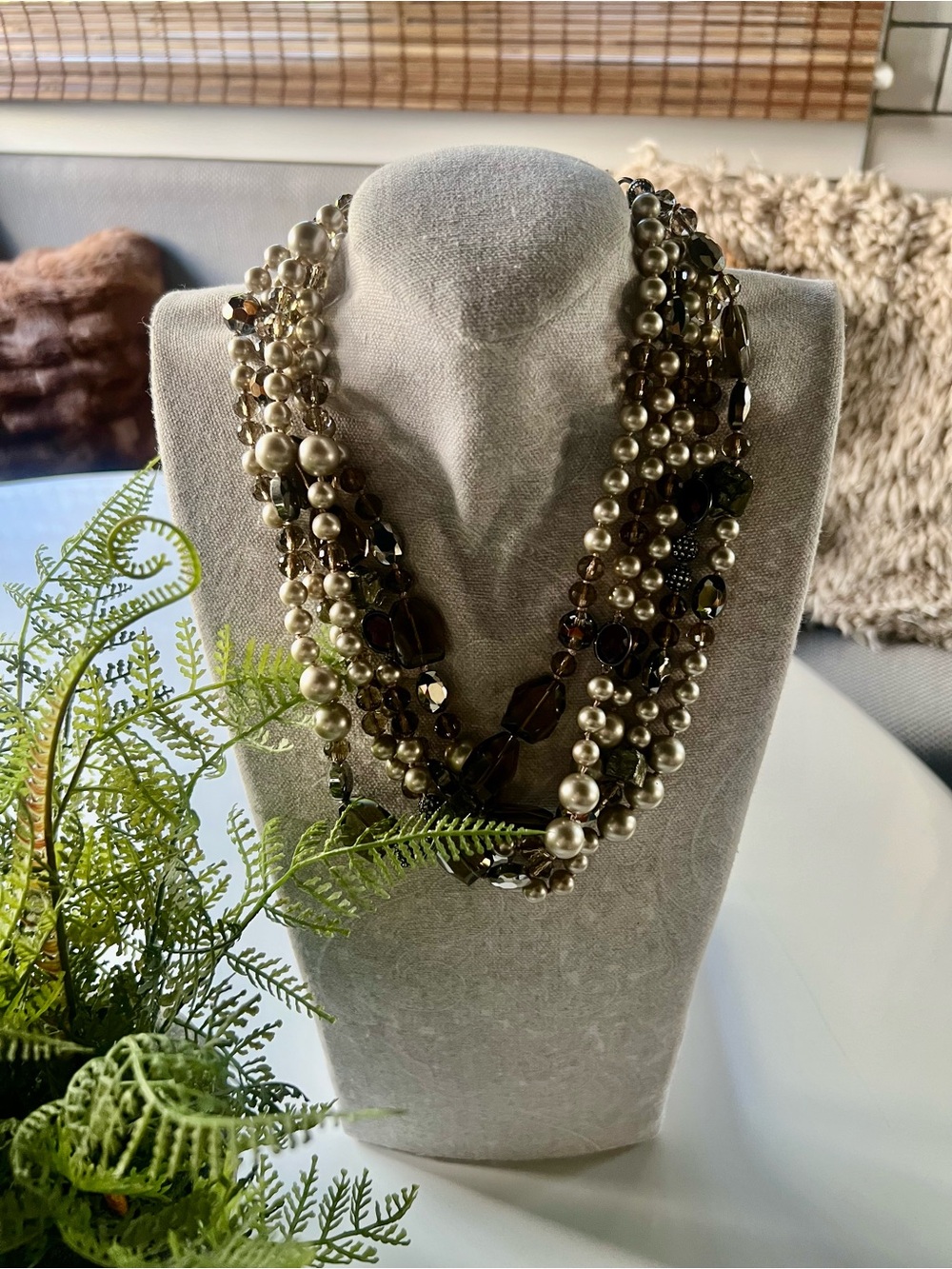 Stella & Dot Multi-Strand Pearl and Smoky Bead Necklace